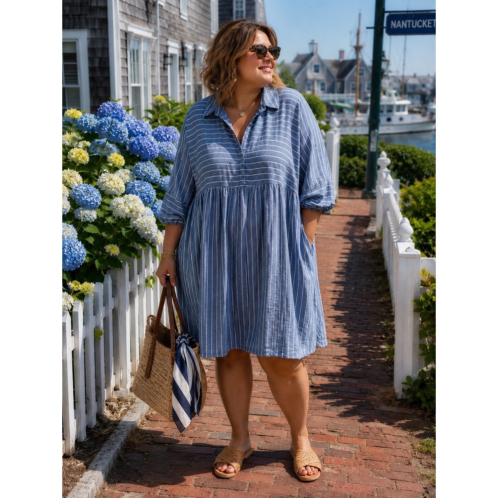 Caslon Blue White Striped Linen Blend Empire Waist‎ Shirt Dress Plus 1X Pockets